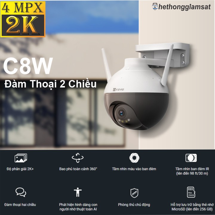 Camera IP Wifi Ngoài Trời EZVIZ C8W 2K 4MPx - Đàm Thoại 2 Chiều - Xoay 360 Độ Camera IP Wifi Ngoài Trời EZVIZ C8W 2K 4MPx - Đàm Thoại 2 Chiều - Xoay 360 Độ