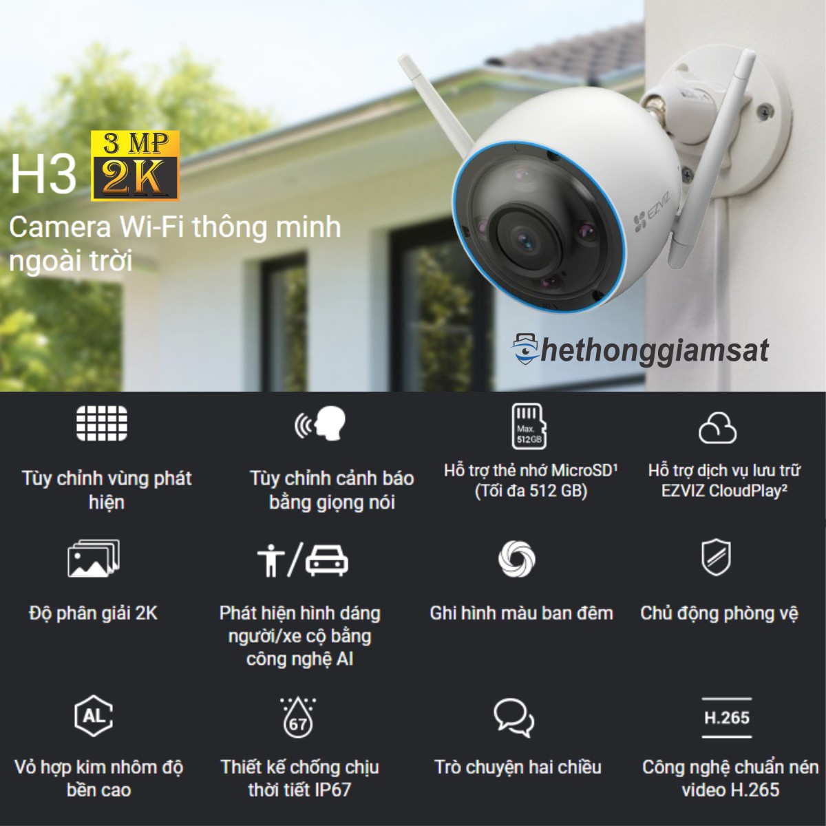 Camera Wifi Ngoài Trời EZVIZ H3 3MP 2K AI - Màu Bang Đêm - Đàm Thoại 2 Chiều - Vỏ Nhôm