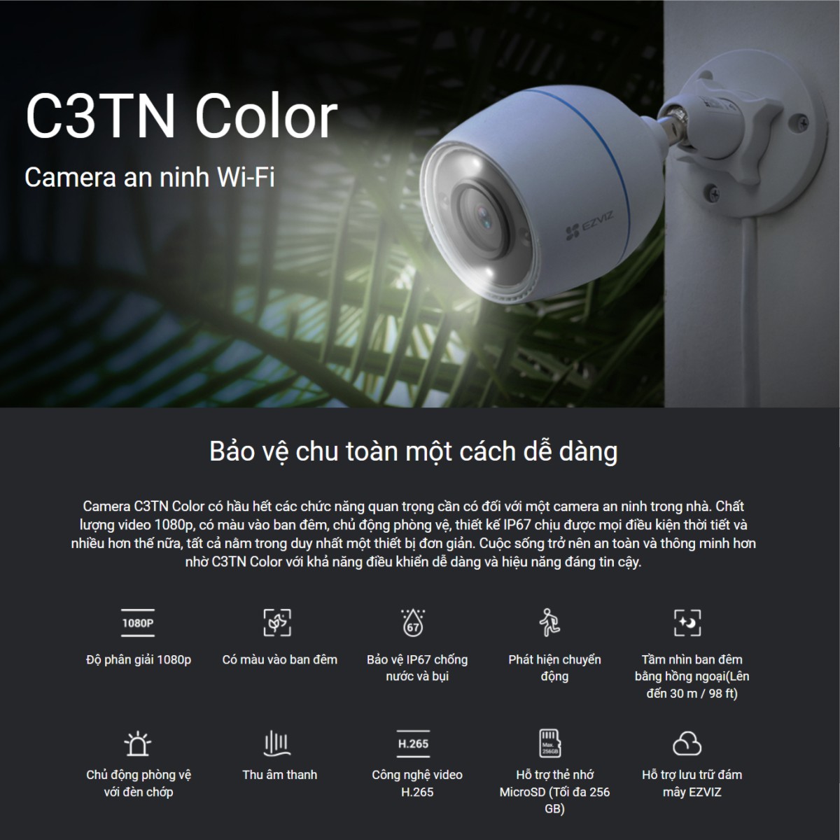Camera Wifi Ngoài Trời EZVIZ C3TN Color 2Mp 1080P Full HD - Màu Bang Đêm Camera Wifi Ngoài Trời EZVIZ C3TN Color 2Mp 1080P Full HD - Màu Bang Đêm