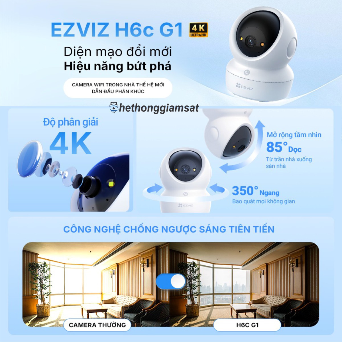 Camera Wifi EZVIZ H6C G1 8MP 4K - Xoay 360 Độ - Đàm Thoại 2 Chiều - Màu Bang Đêm - Chạm Gọi Điện