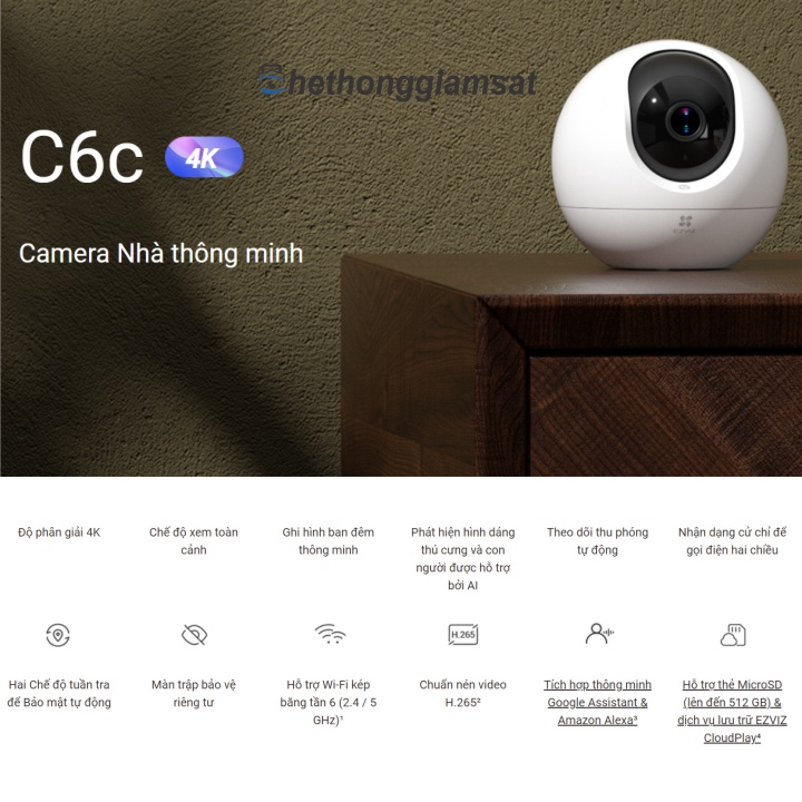 Camera Wifi EZVIZ C6C 8MP 4K - Xoay 360 - Đàm Thoại - Màu Bang Đêm