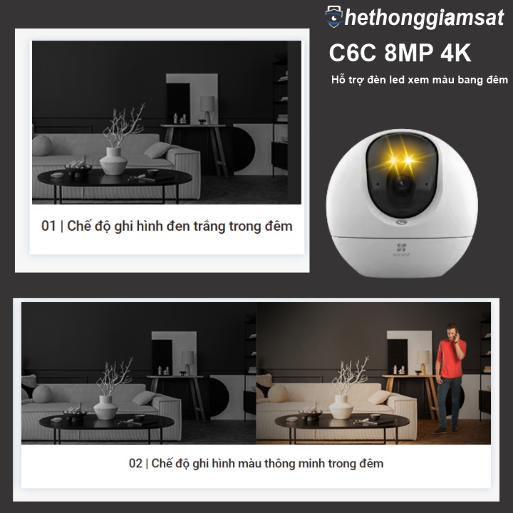 Camera Wifi EZVIZ C6C 8MP 4K hỗ trợ đèn led cho tầm nhìn bang đêm có màu