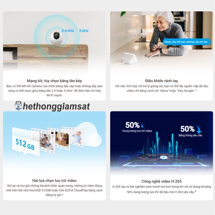 Camera Wifi EZVIZ C6C 8MP 4K hỗ trợ nhiều công nghệ thời thượng như chuẩn nén h.265, wifi băng tầng kép, điều khiển rảnh tay, khe cắm thẻ nhớ lên đến 512GB