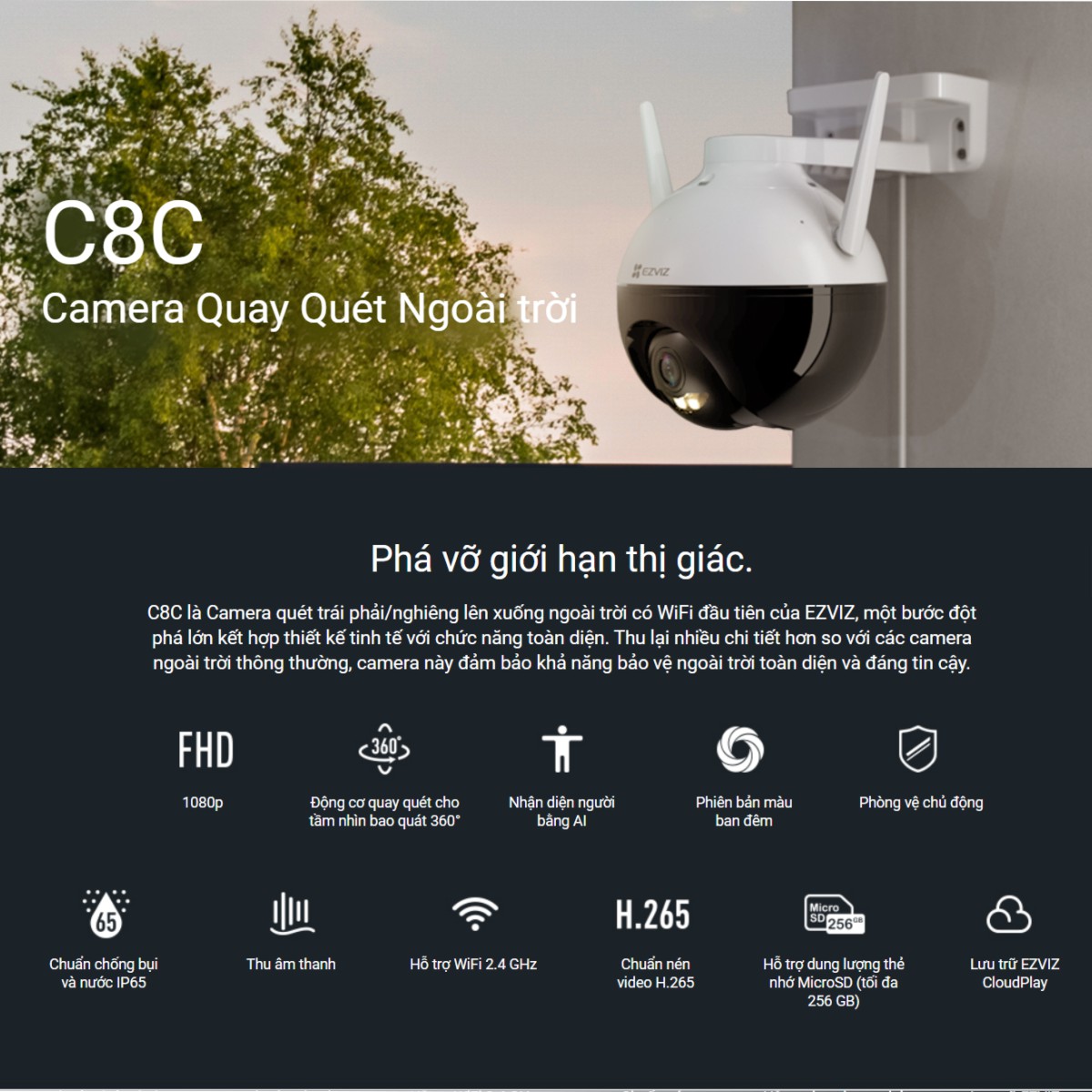 Camera IP Wifi Ngoài Trời EZVIZ C8C 1080P 2MP - Màu Bang Đêm - Xoay 360 Độ Camera IP Wifi Ngoài Trời EZVIZ C8C 1080P 2MP - Màu Bang Đêm - Xoay 360 Độ