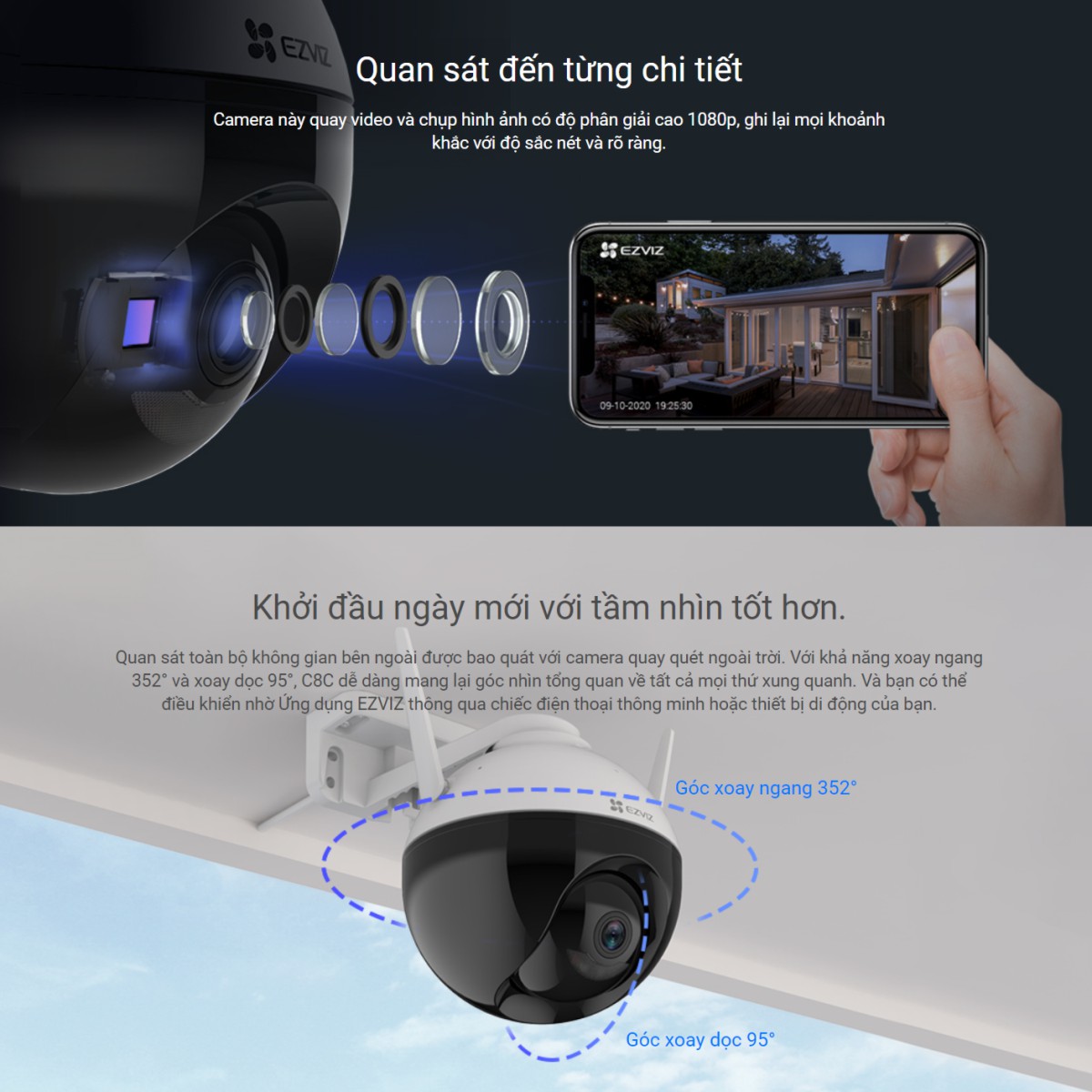 Camera IP Wifi Ngoài Trời EZVIZ C8C 1080P 2MP Với khả năng xoay ngang 352° và xoay dọc 95° Camera IP Wifi Ngoài Trời EZVIZ C8C 1080P 2MP Với khả năng xoay ngang 352° và xoay dọc 95°