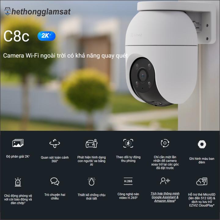 Camera Wifi Ngoài Trời EZVIZ C8C 4MP 2K+ - Đàm Thoại 2 Chiều - Xoay 360 Độ