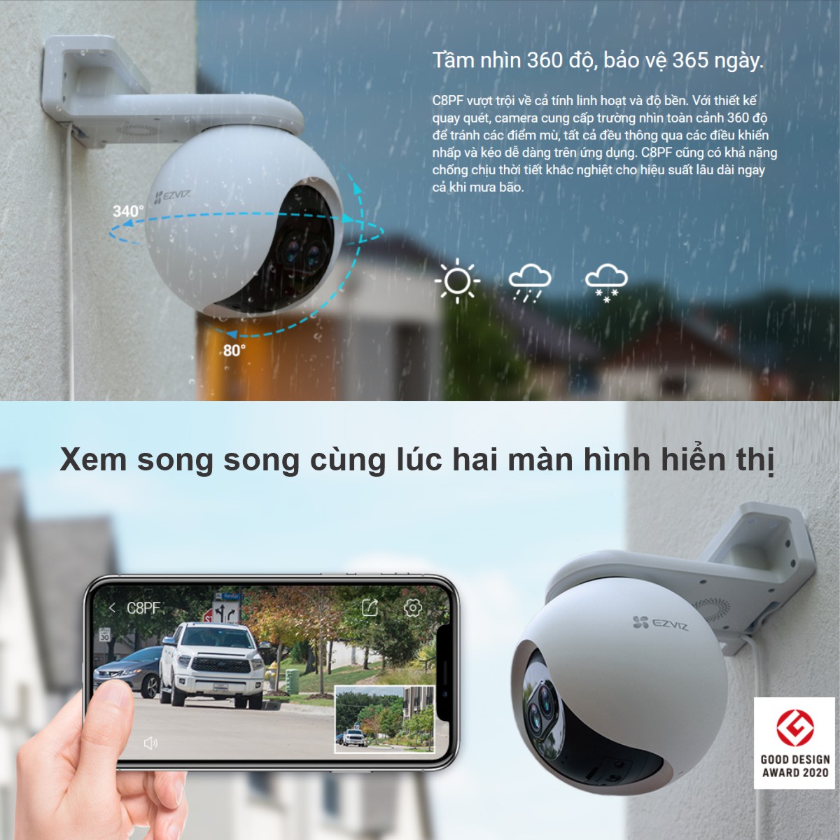 Camera Wifi Ngoài Trời EZVIZ C8PF 1080P 2MP - - Hỗ trợ xem hai màn hình, thiết kế chống chịu thời tiết Camera Wifi Ngoài Trời EZVIZ C8PF 1080P 2MP - Hỗ trợ xem hai màn hình, thiết kế chống chịu thời tiết