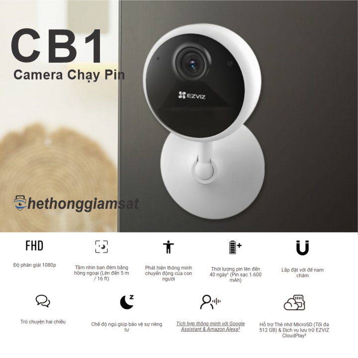 Camera Wifi Dùng Pin Sạc EZVIZ CB1 1080P 2MP - Pin 1.600mAh - Đàm Thoại 2 Chiều