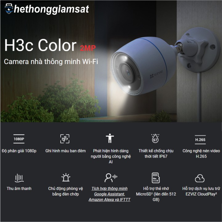 Camera Wifi Ngoài Trời EZVIZ H3C Color 2MP 1080P - IP 67 - AI - Màu Bang Đêm Camera Wifi Ngoài Trời EZVIZ H3C Color 2MP 1080P - IP 67 - AI - Màu Bang Đêm