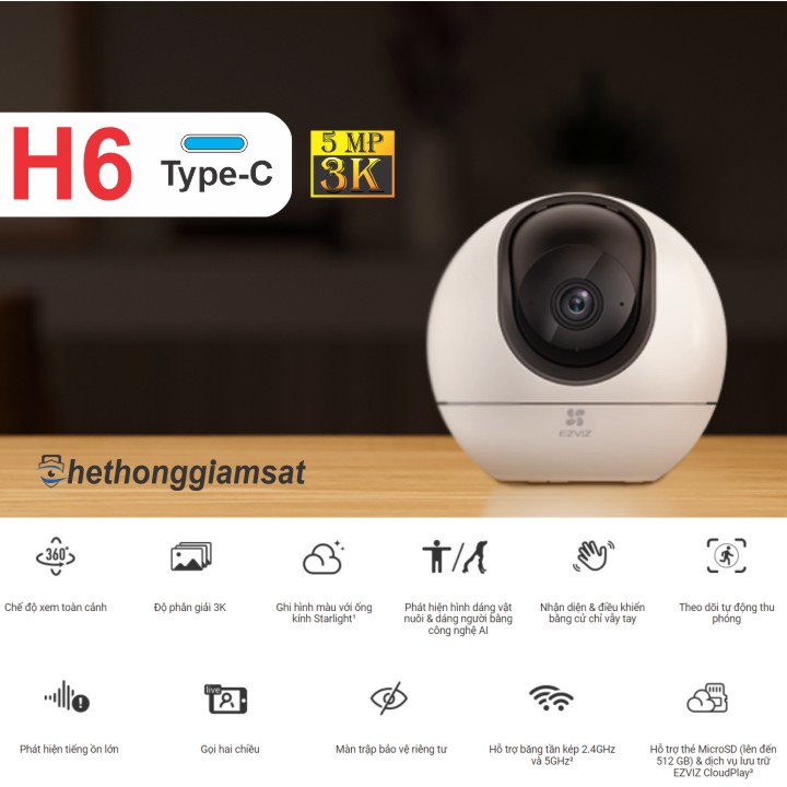 Camera Wifi EZVIZ H6 5MP 3K - Xoay 360 Độ - Đàm Thoại 2 Chiều