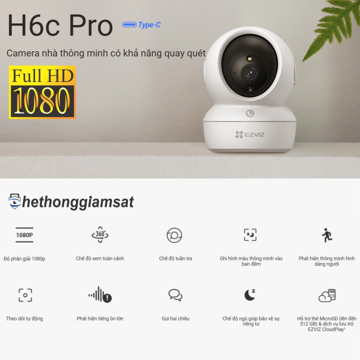 Camera Wifi EZVIZ H6C PRO 2MP - Xoay 360 Độ, Tự Động Xoay - Đàm Thoại 2 Chiều - Màu Bang Đêm - Chạm Để Gọi Điện