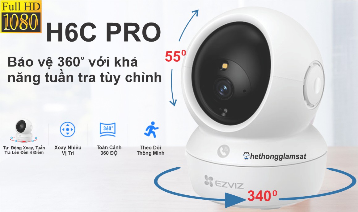 Camera Wifi EZVIZ H6C PRO 2MP - Xoay 360 Độ, Tự Động Xoay và tuần tra lên đến 4 điểm