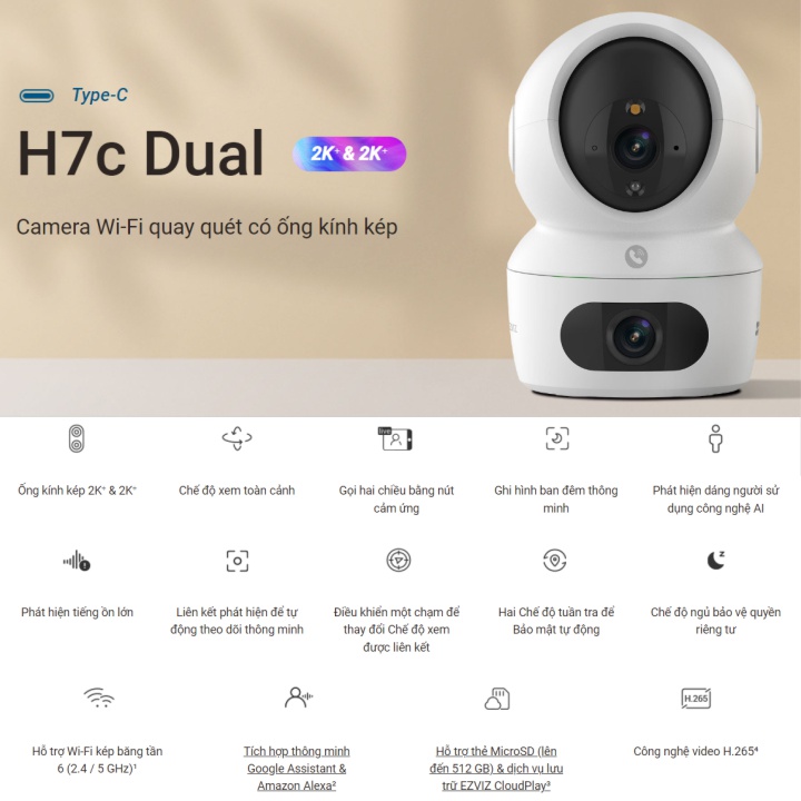 Camera Wifi 2 Mắt Kép EZVIZ H7C 4MP + 4MP - Xoay 360 Độ - Đàm Thoại - Màu Bang Đêm Camera Wifi 2 Mắt Kép EZVIZ H7C 4MP + 4MP - Xoay 360 Độ - Đàm Thoại - Màu Bang Đêm