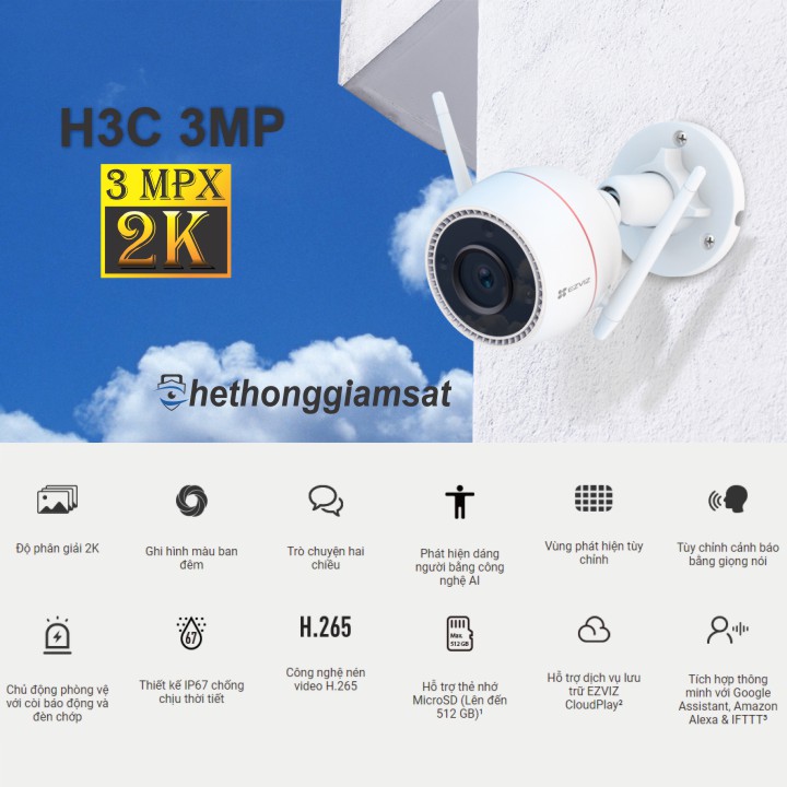 Camera Wifi Ngoài Trời EZVIZ H3C 3MP 2K - IP 67 - AI - Màu Bang Đêm - Đàm Thoại 2 Chiều Camera Wifi Ngoài Trời EZVIZ H3C 3MP 2K - IP 67 - AI - Màu Bang Đêm - Đàm Thoại 2 Chiều