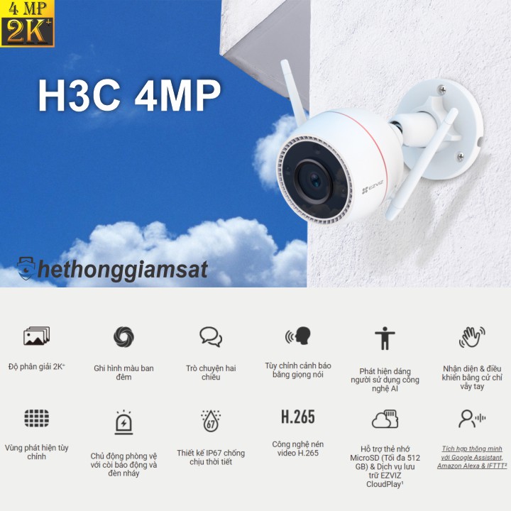 Camera Wifi Ngoài Trời EZVIZ H3C 4MP 2K+ - IP 67 - AI - Màu Bang Đêm - Đàm Thoại 2 Chiều Camera Wifi Ngoài Trời EZVIZ H3C 4MP 2K+ - IP 67 - AI - Màu Bang Đêm - Đàm Thoại 2 Chiều