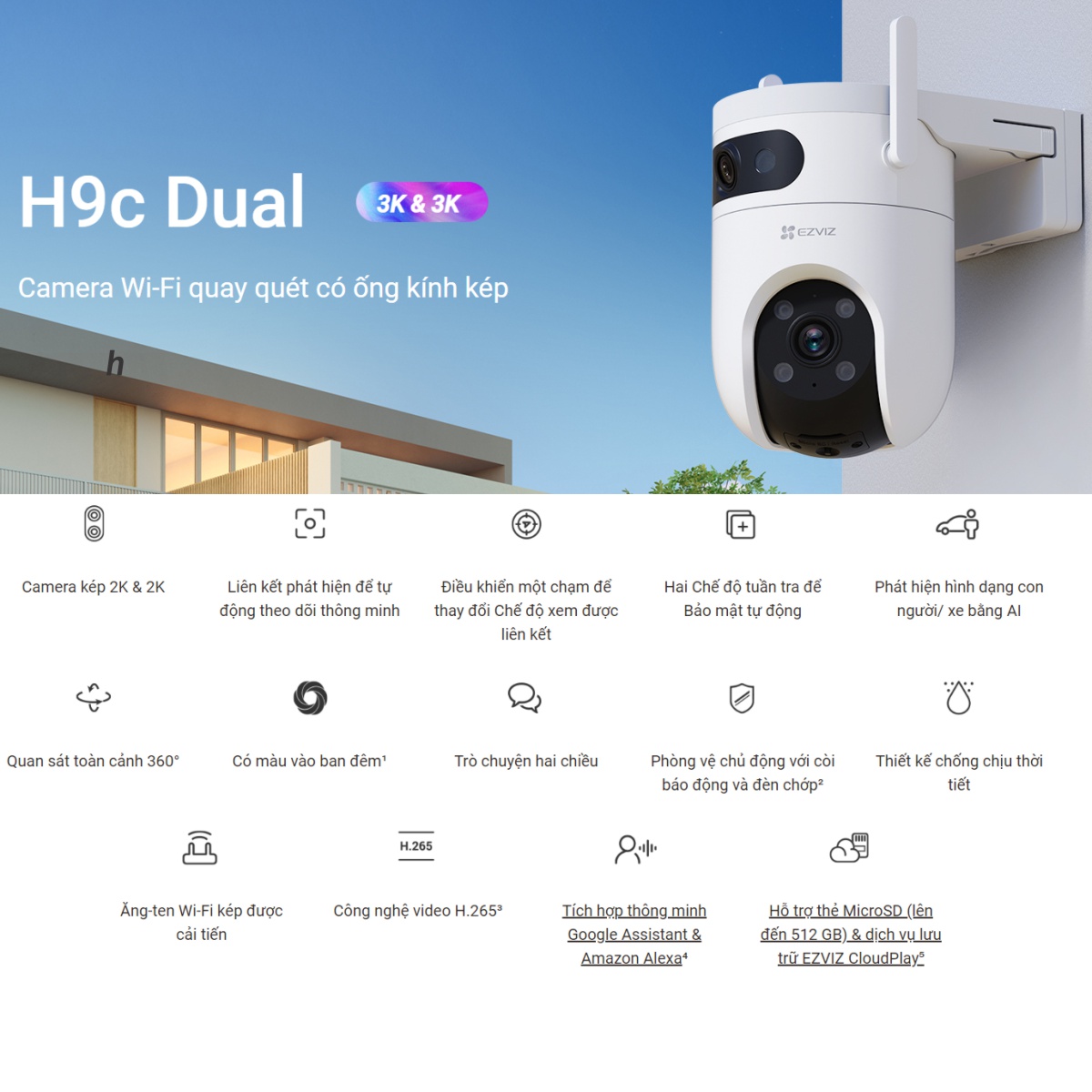Camera Wifi Ngoài Trời EZVIZ H9C 5MP + 5MP - 2 Mắt Kép - Xoay 360 Độ - Đàm Thoại - Màu Bang Đêm