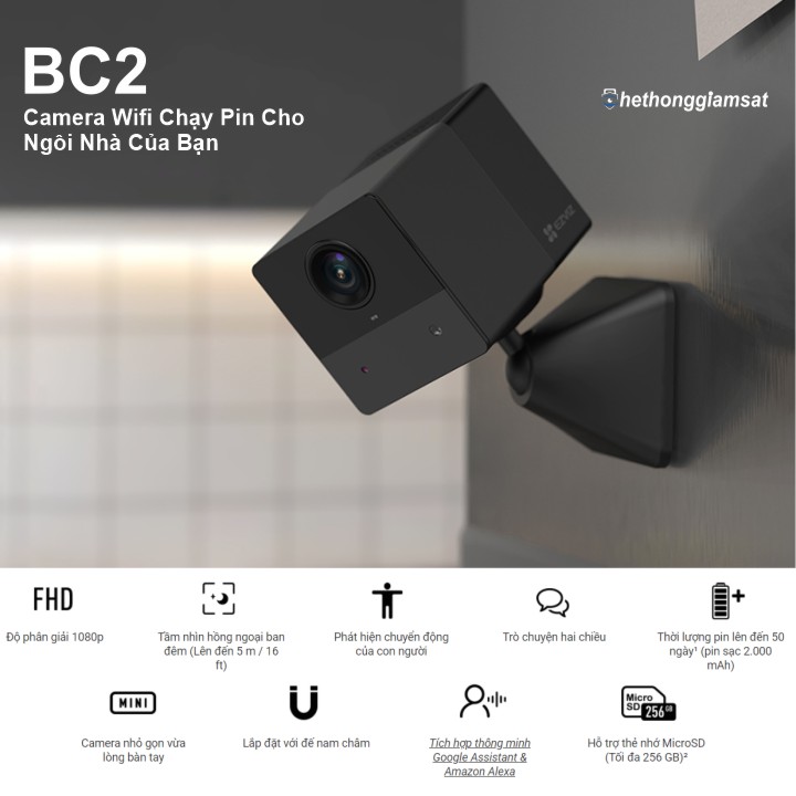Camera Wifi Dùng Pin Sạc EZVIZ BC2 1080P 2MP - Pin 2.000mAh - Đàm Thoại 2 Chiều