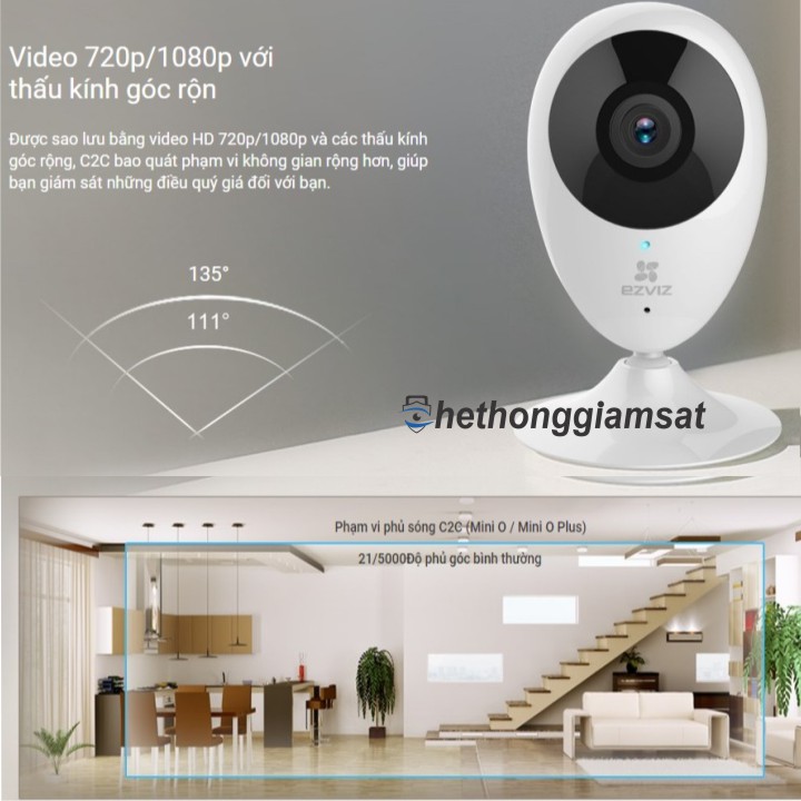Camera Wifi EZVIZ C2C 720P có gốc nhìn bao quát lên đến 111 độ