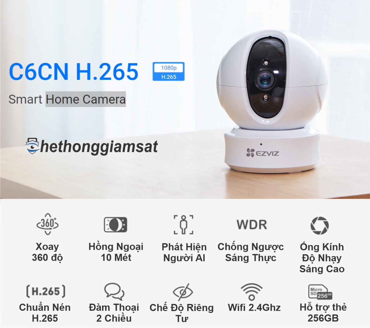 Camera Wifi Xoay EZVIZ C6CN H.265 AI True-WDR 1080P 2Mpx là phiên bản nân cấp đặc biệt của dòng C6N 1080P