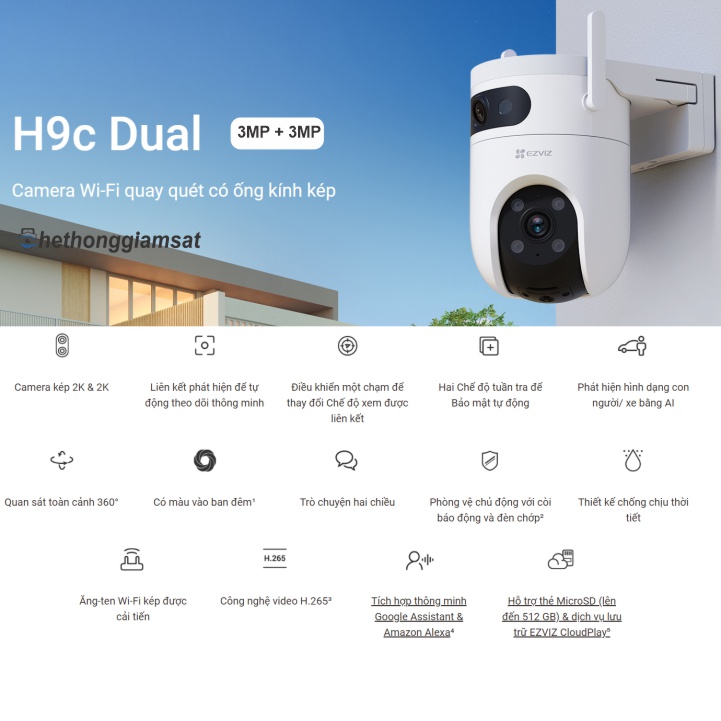 Camera Wifi Ngoài Trời EZVIZ H9C 3MP + 3MP - 2 Mắt Kép - Xoay 360 Độ - Đàm Thoại - Màu Bang Đêm Camera Wifi Ngoài Trời EZVIZ H9C 3MP + 3MP - 2 Mắt Kép - Xoay 360 Độ - Đàm Thoại - Màu Bang Đêm