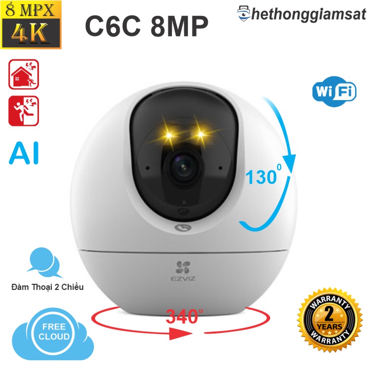 Camera Wifi EZVIZ C6C 8MP 4K - Xoay 360 - Đàm Thoại - Màu Bang Đêm