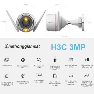 Camera Wifi Ngoài Trời EZVIZ H3C 3MP 2K - IP 67 - AI - Màu Bang Đêm - Đàm Thoại 2 Chiều