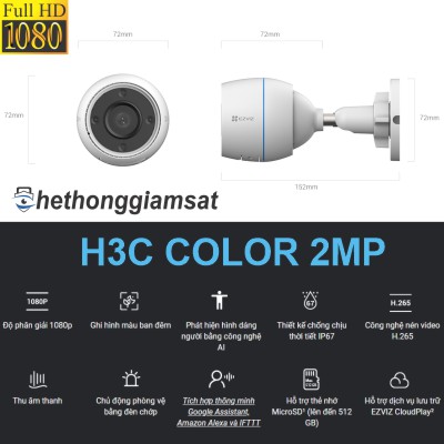 Camera Wifi Ngoài Trời EZVIZ H3C Color 2MP 1080P - IP 67 - AI - Màu Bang Đêm