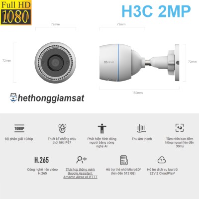 Camera Wifi Ngoài Trời EZVIZ H3C 2MP 1080P Full HD - IP 67 - AI