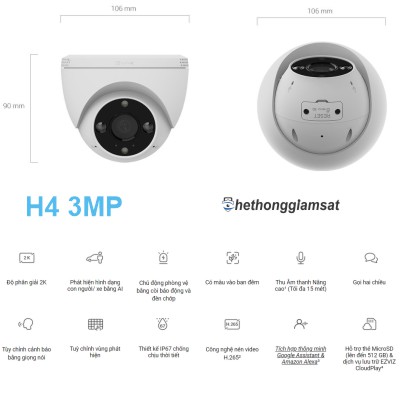 Camera Wifi Dome Ngoài Trời EZVIZ H4 3MP 2K - IP 67 - AI - Màu Bang Đêm - Đàm Thoại 2 Chiều