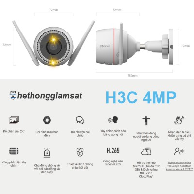 Camera Wifi Ngoài Trời EZVIZ H3C 4MP 2K+ - IP 67 - AI - Màu Bang Đêm - Đàm Thoại 2 Chiều