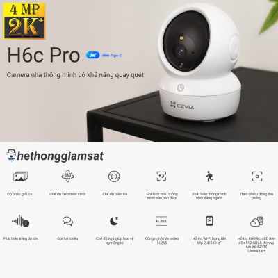 Camera Wifi EZVIZ H6C PRO 4MP 2K+ - Xoay 360 Độ, Tự Động Xoay - Đàm Thoại 2 Chiều - Màu Bang Đêm - Chạm Để Gọi Điện