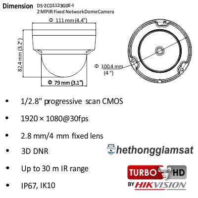 Camera IP Dome IR HIKVISION DS-2CD1123G0E-I 2MP
