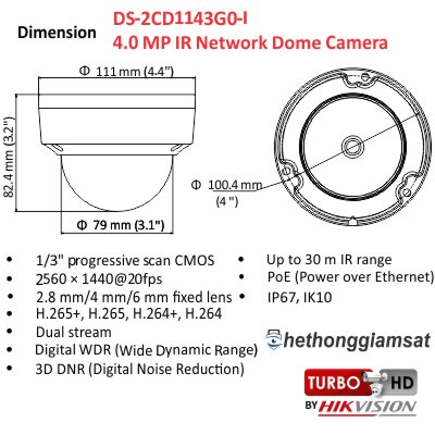 Camera IP Dome IR HIKVISION DS-2CD1143G0-I 4MP